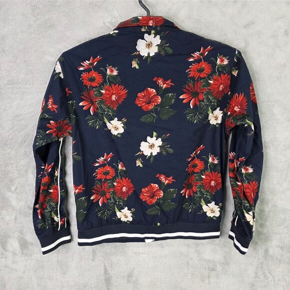 Mens Fashion Nova Navy White & Red Floral Print Jacket Full Zip 100% Cotton M - Picture 4 of 8